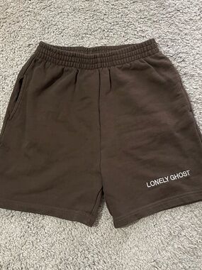 LONELY GHOST dark brown elastic-waist shorts with white logo